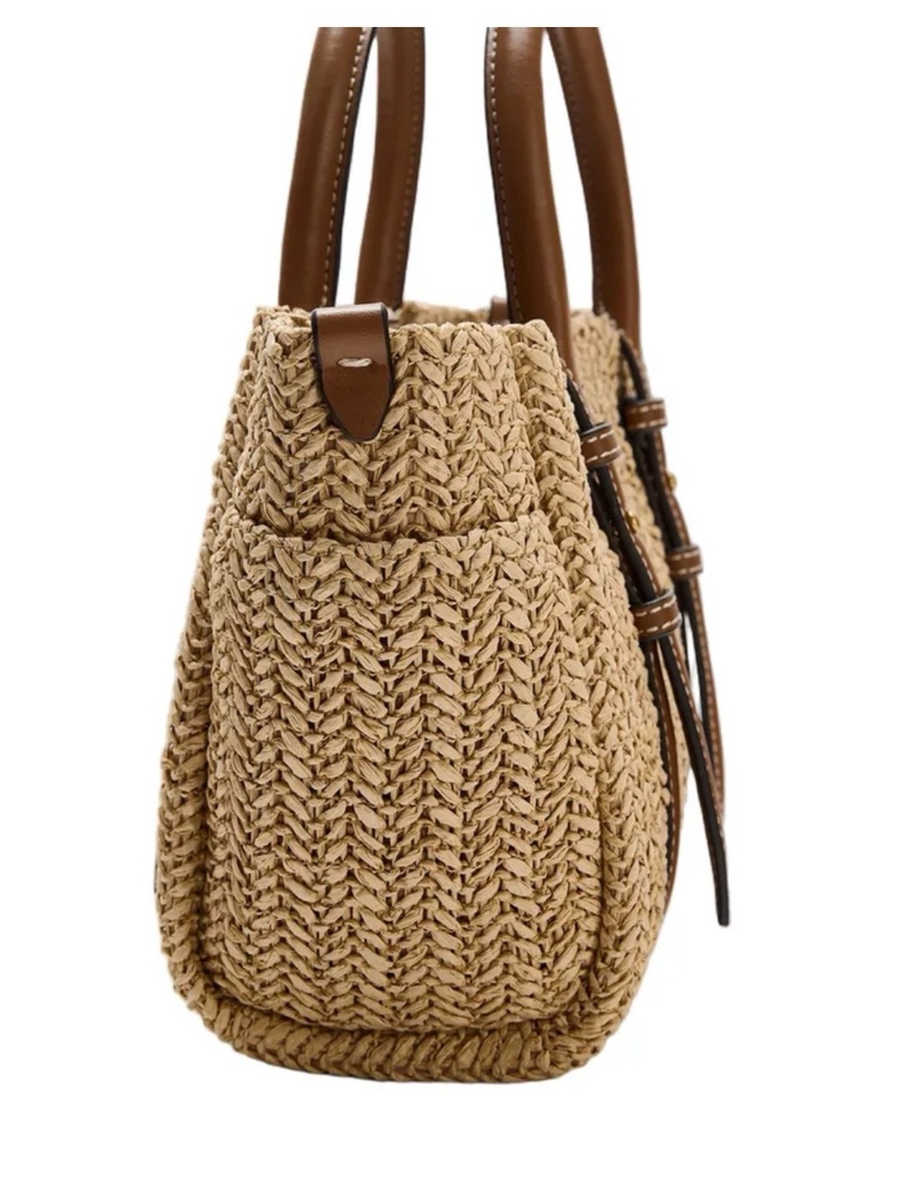 Zara Crossbody Woven Straw Tote Bag with Brown Faux Leather Handles NWT - Picture 3 of 7